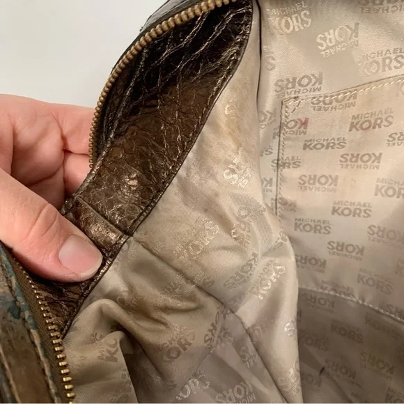 Michael Kors womens Snakeskin print Handbag Bronze Logo Gold Adorable! - Picture 9 of 15
